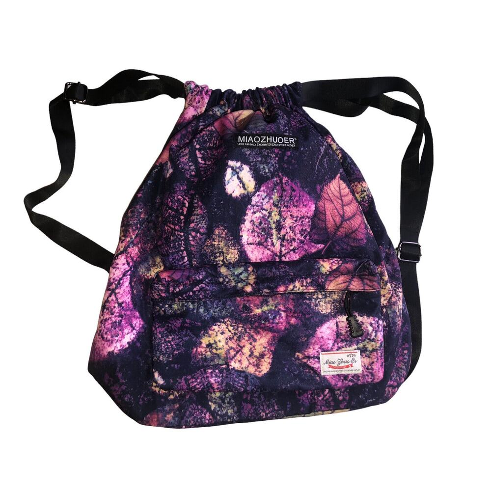 Leaf Print Drawstring Backpack Front Pocket Casua… - image 2